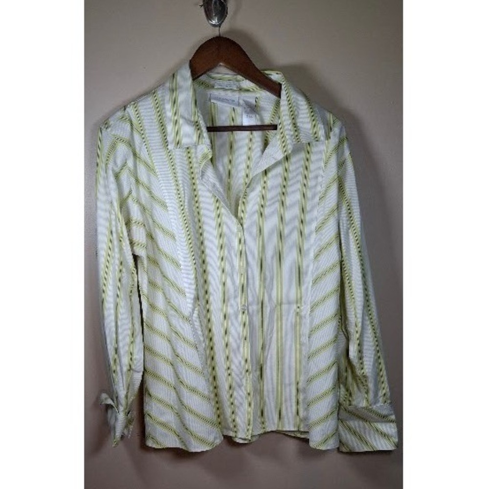 Liz Claiborne Womens Lime Green White Striped Non-Iron Button Up Blouse Size 16